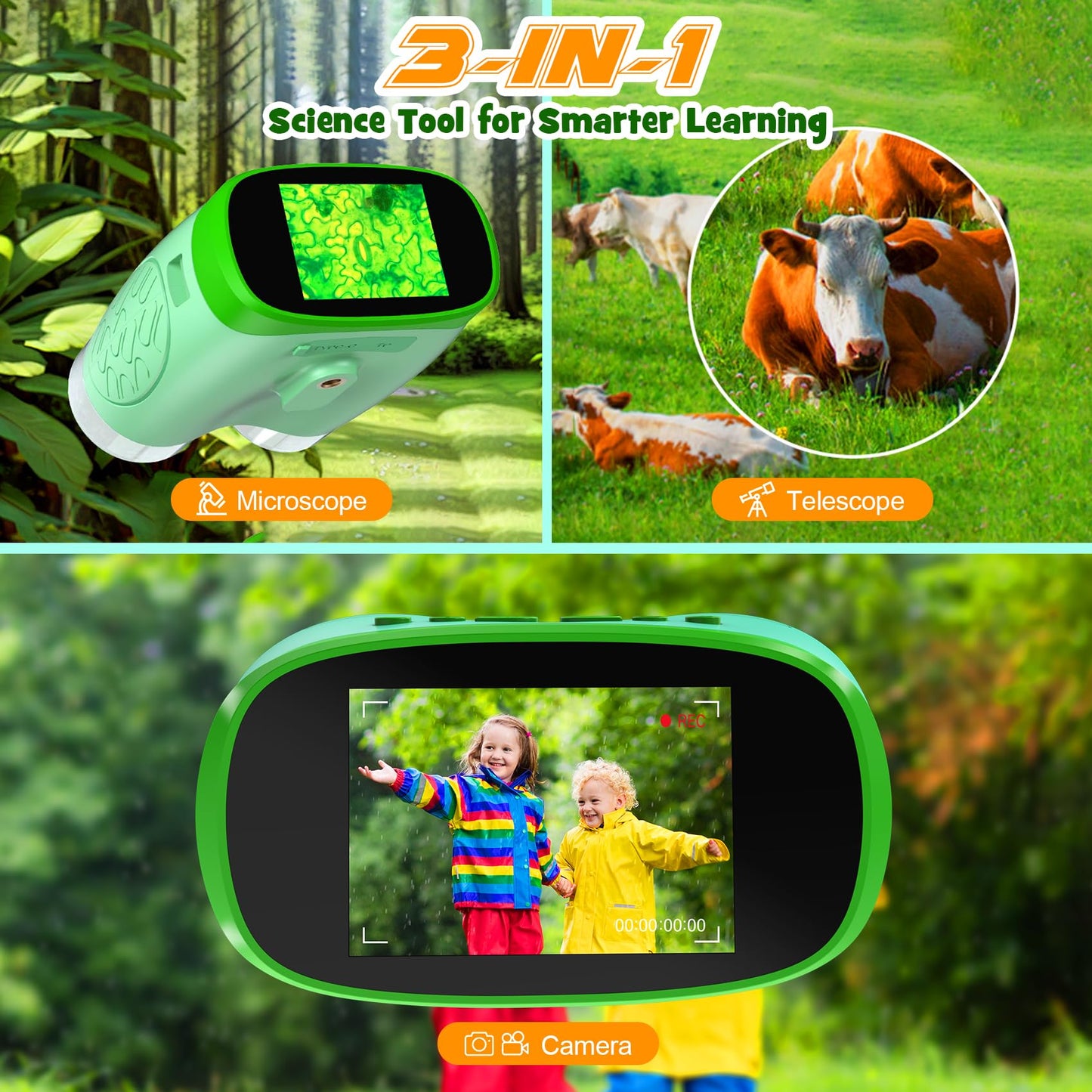 Nicmore 1000X Handheld Microscope for Kids – 4K 2.0 Inch Screen, 3-in-1 Telescope & Camera, 6 Slides