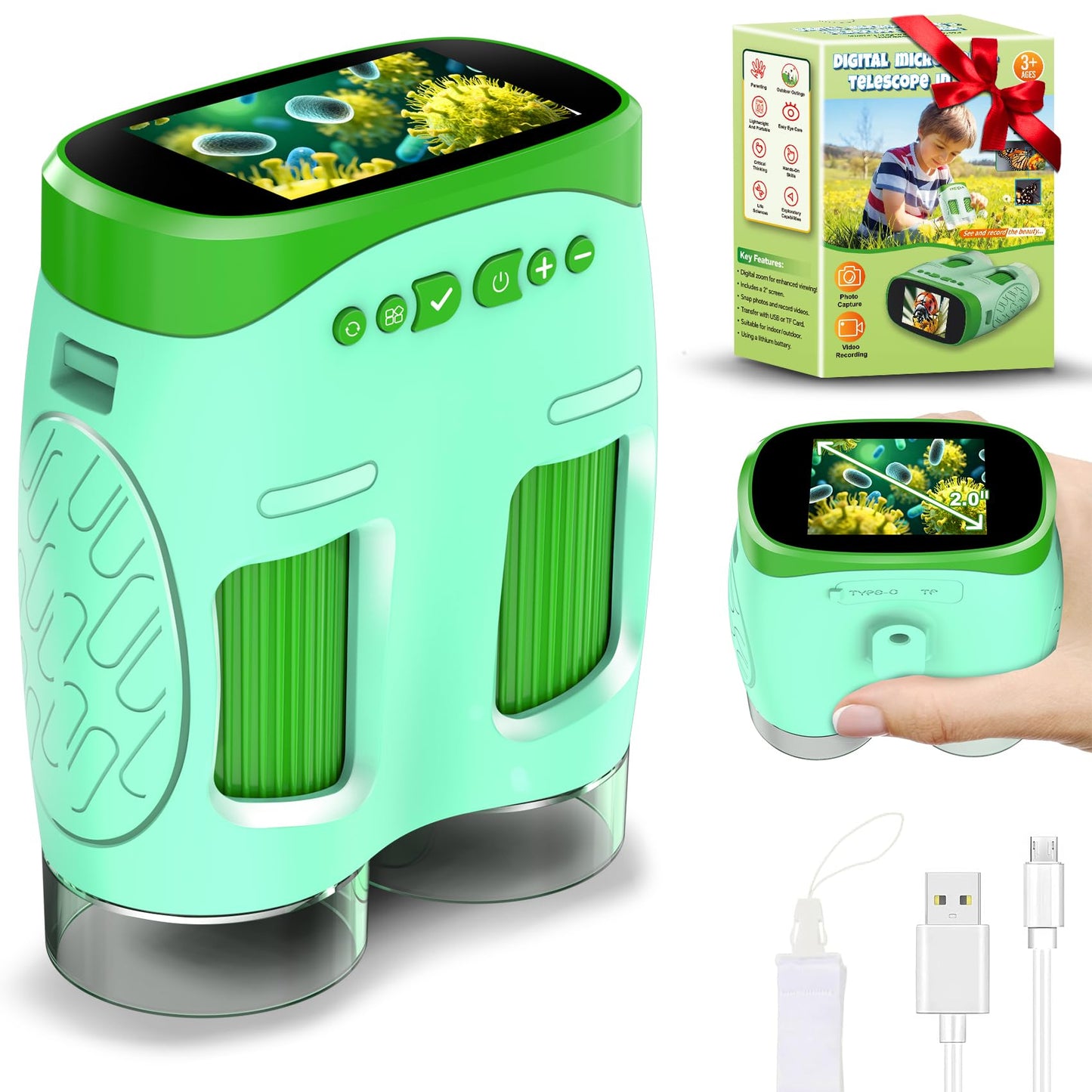 Nicmore 1000X Handheld Microscope for Kids – 4K 2.0 Inch Screen, 3-in-1 Telescope & Camera, 6 Slides