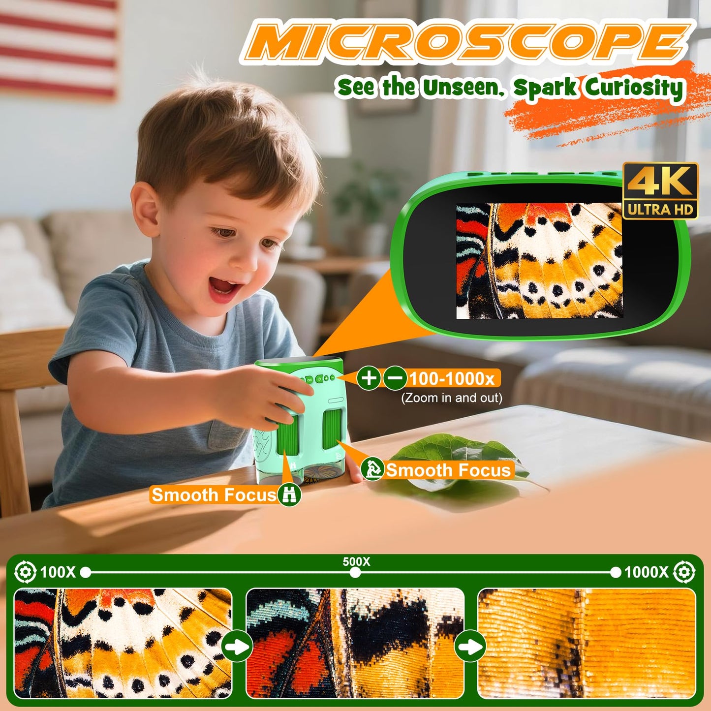 Nicmore 1000X Handheld Microscope for Kids – 4K 2.0 Inch Screen, 3-in-1 Telescope & Camera, 6 Slides