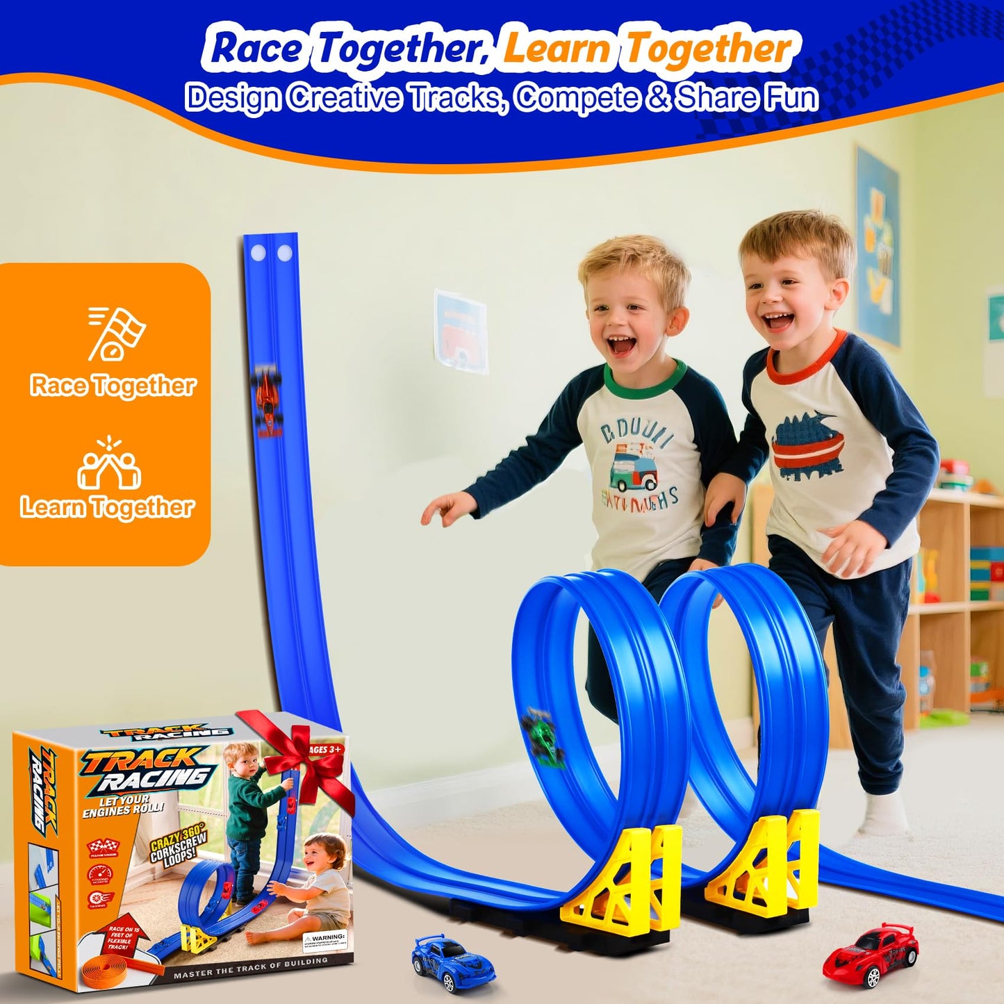 Nicmore Flexible Race Track Toy Set – 15ft Bendable Ramp with Suction Cups, Roll-Up Track for 1:64 Cars