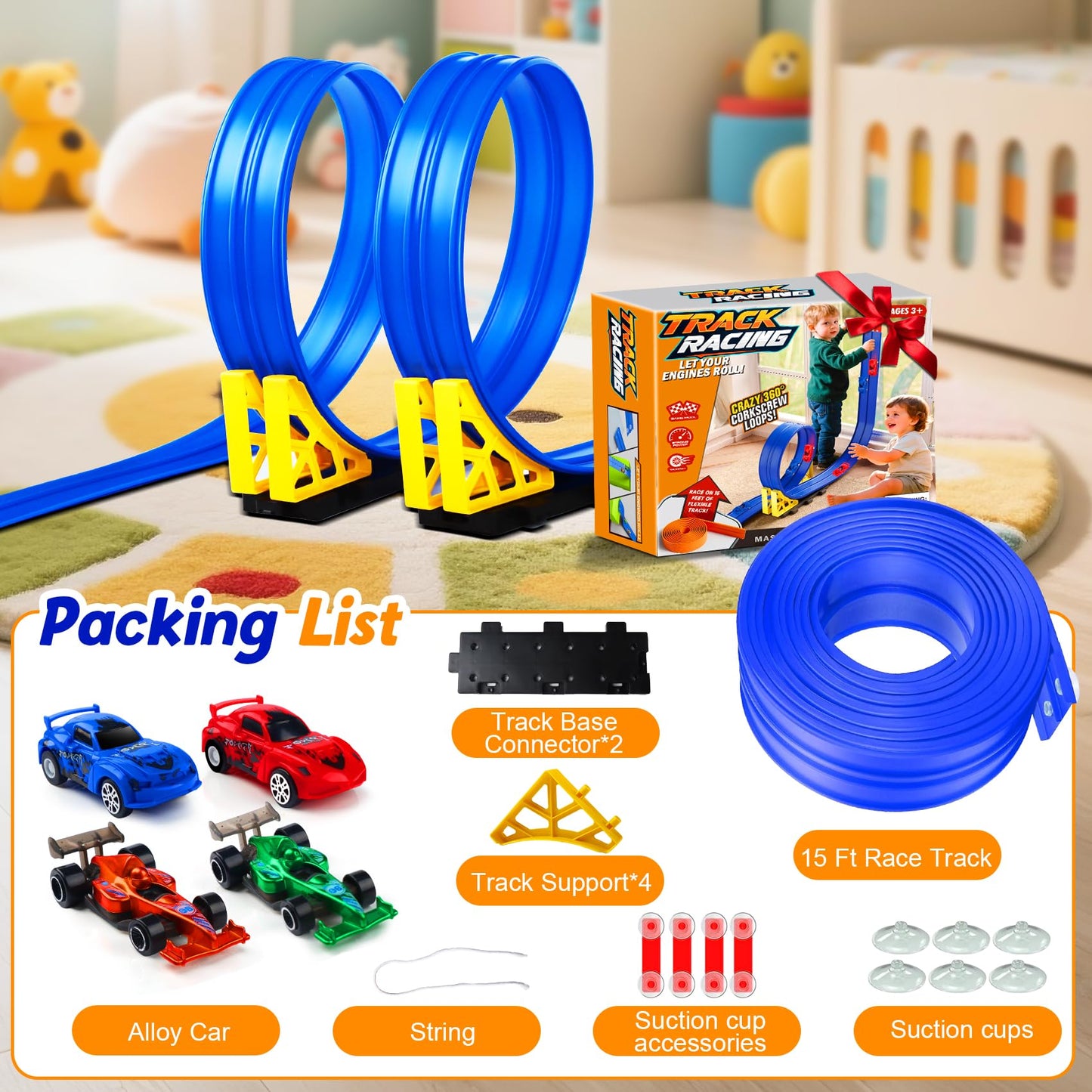 Nicmore Flexible Race Track Toy Set – 15ft Bendable Ramp with Suction Cups, Roll-Up Track for 1:64 Cars