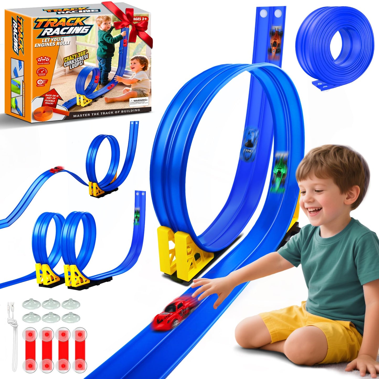 Nicmore Flexible Race Track Toy Set – 15ft Bendable Ramp with Suction Cups, Roll-Up Track for 1:64 Cars