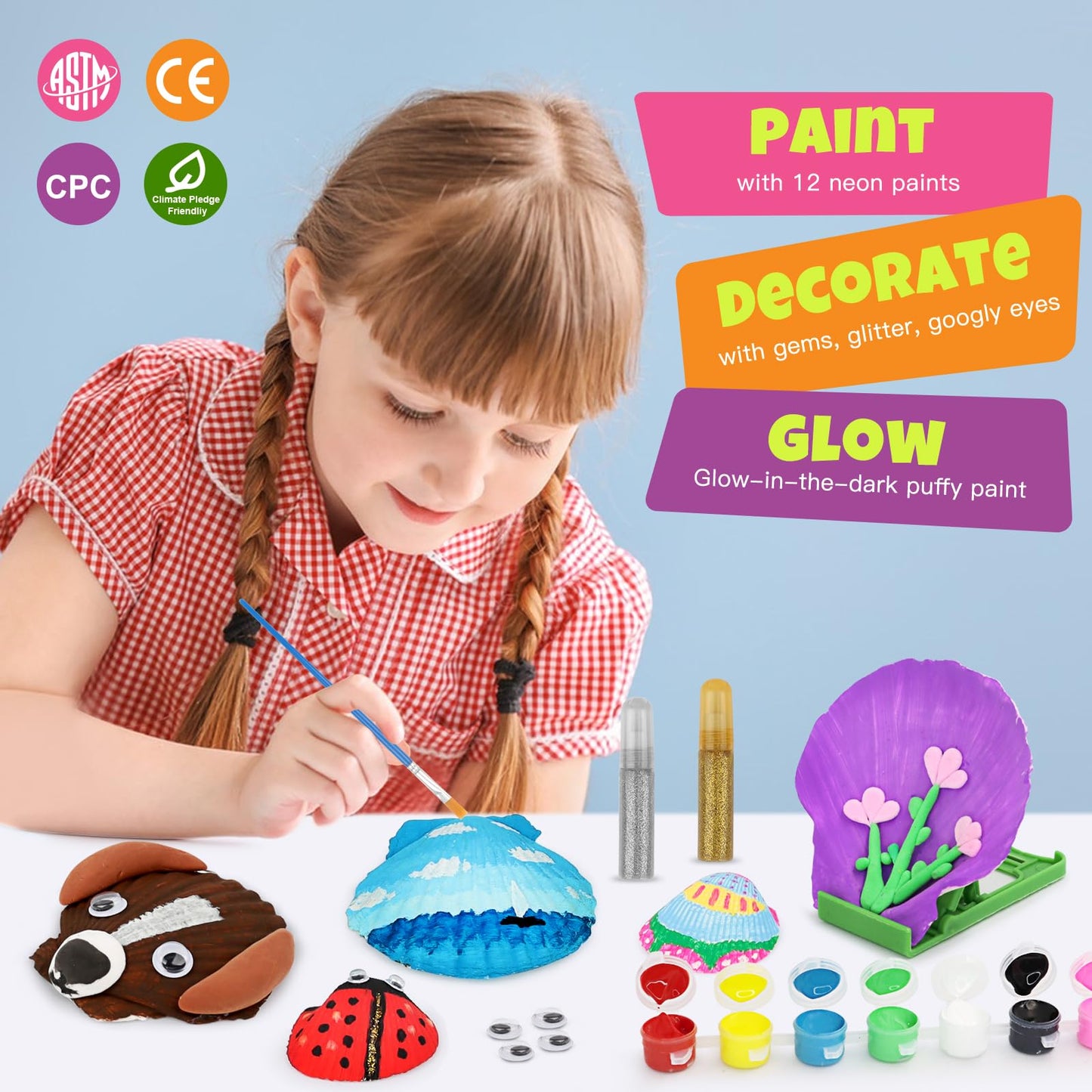 Nicmore Kids Sea Shell Art & Crafts — Glow-in-the-Dark Painting Kit for Ages 4–12
