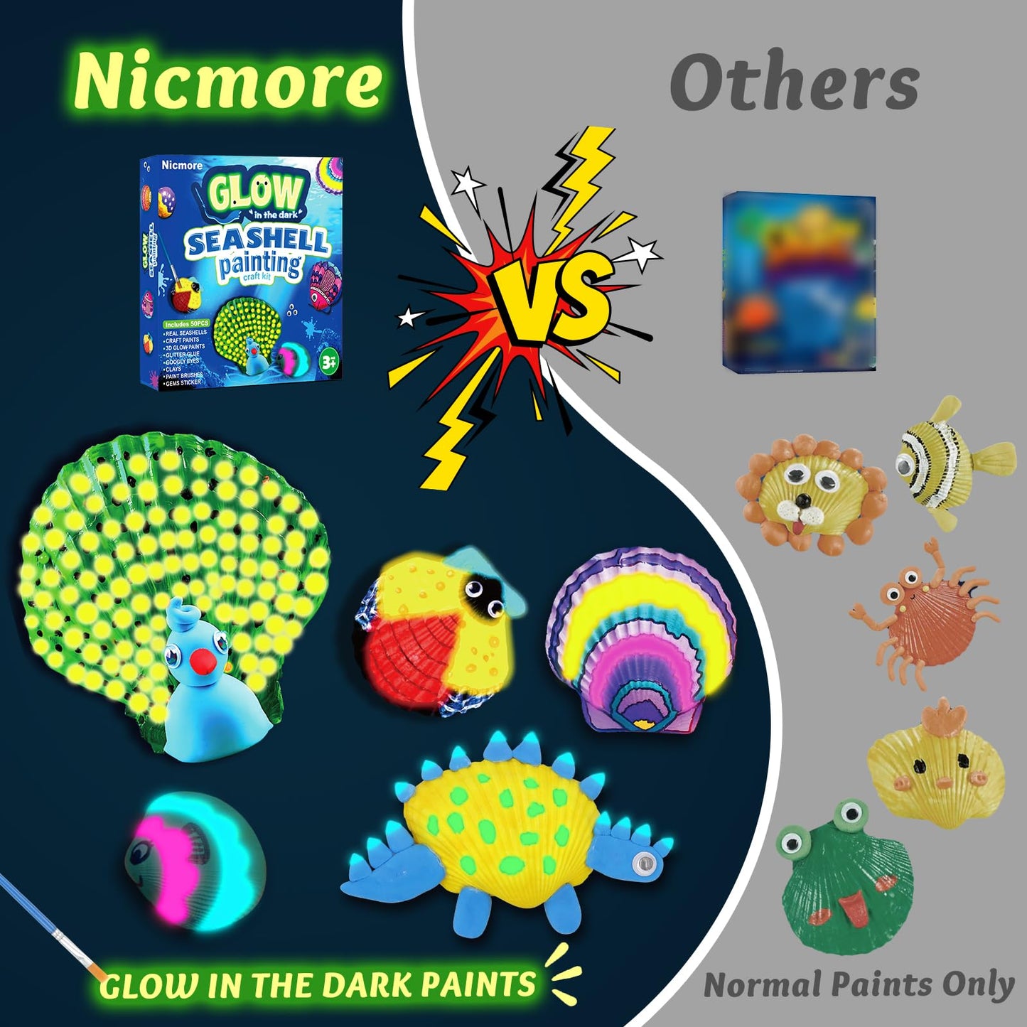 Nicmore Kids Sea Shell Art & Crafts — Glow-in-the-Dark Painting Kit for Ages 4–12