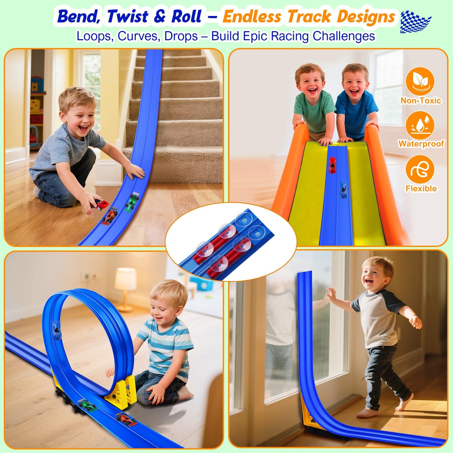 Nicmore Flexible Race Track Toy Set – 15ft Bendable Ramp with Suction Cups, Roll-Up Track for 1:64 Cars