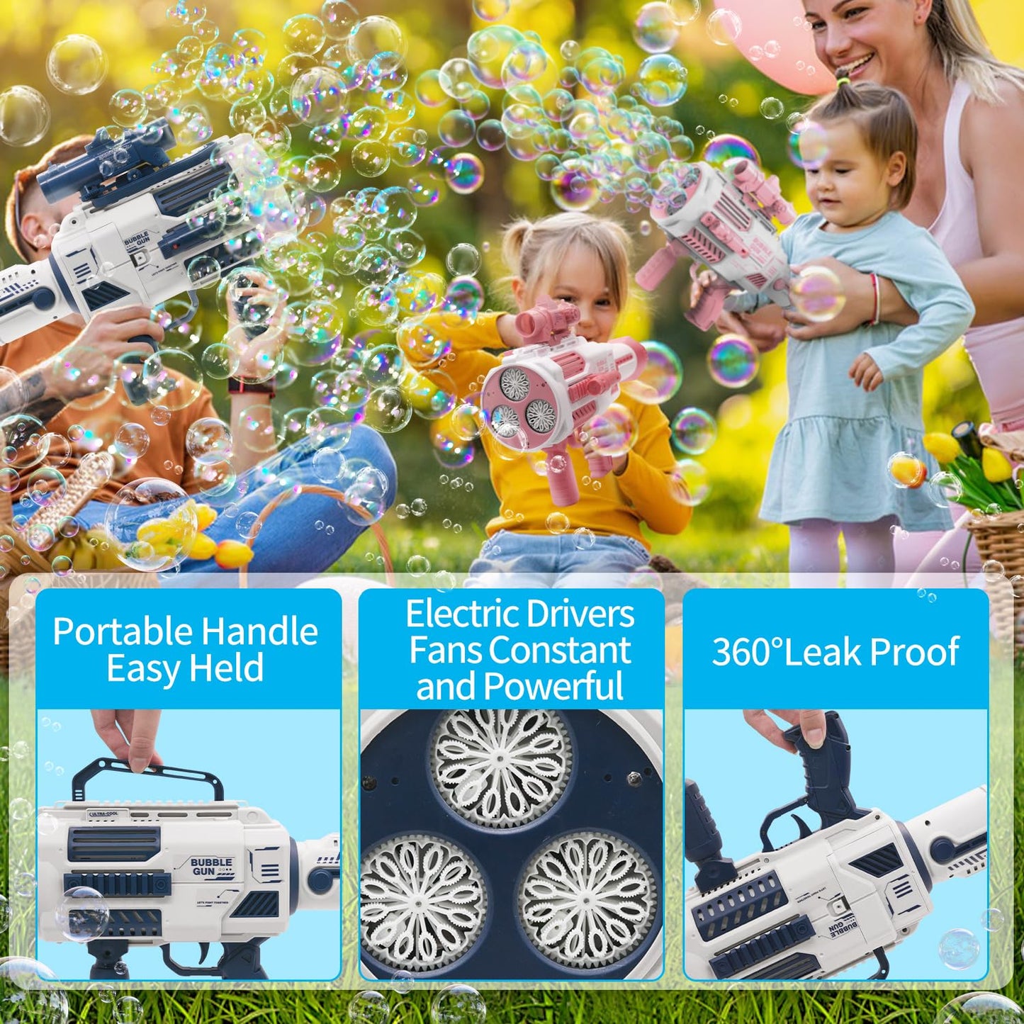 nicojoy Bubble Guns Automatic with Built-in Solution – 3 Fans, 6x Lens