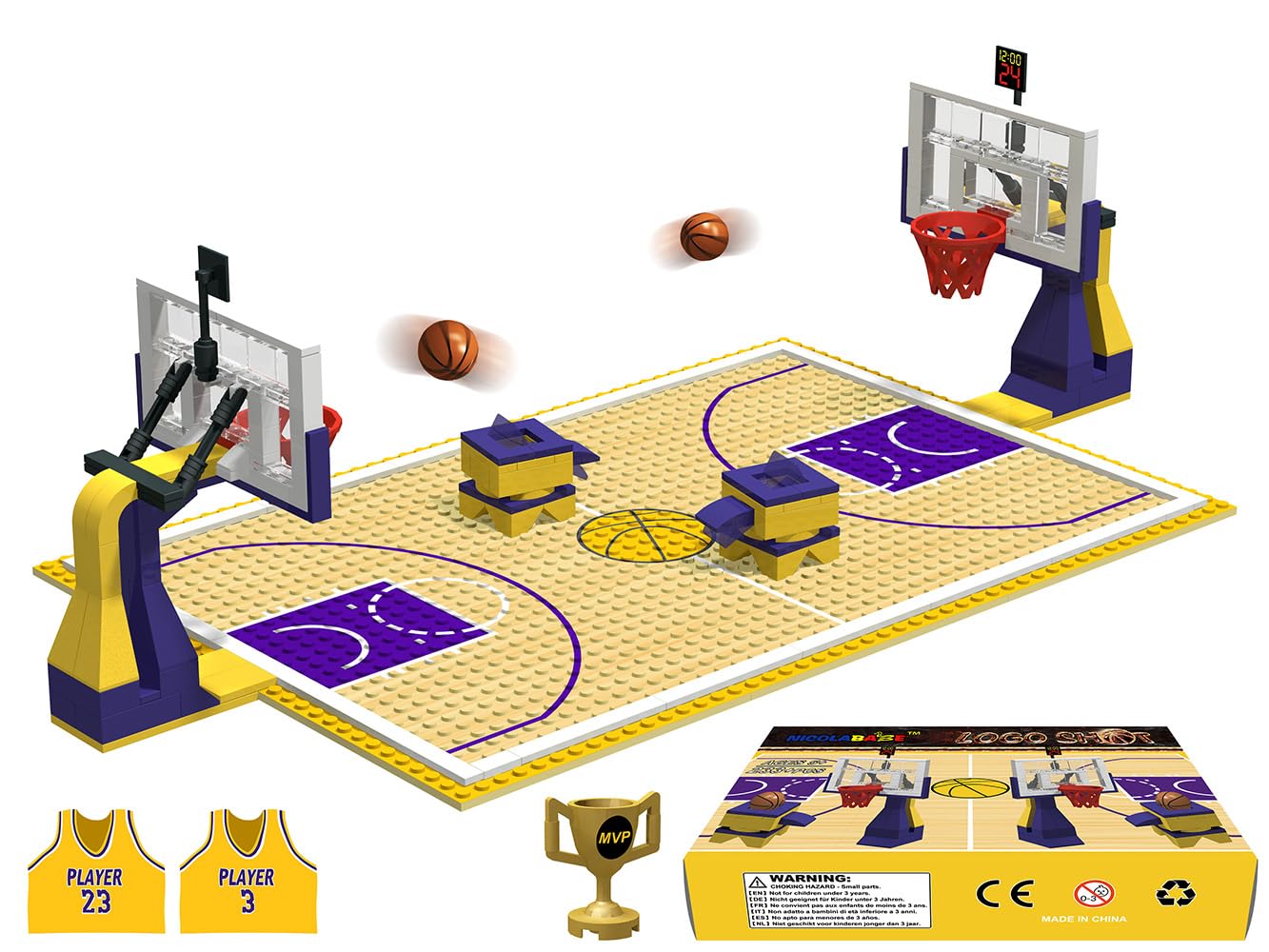 Nicolababe Building Blocks Basketball Court Baseplates & Hoops – Yellow Playset