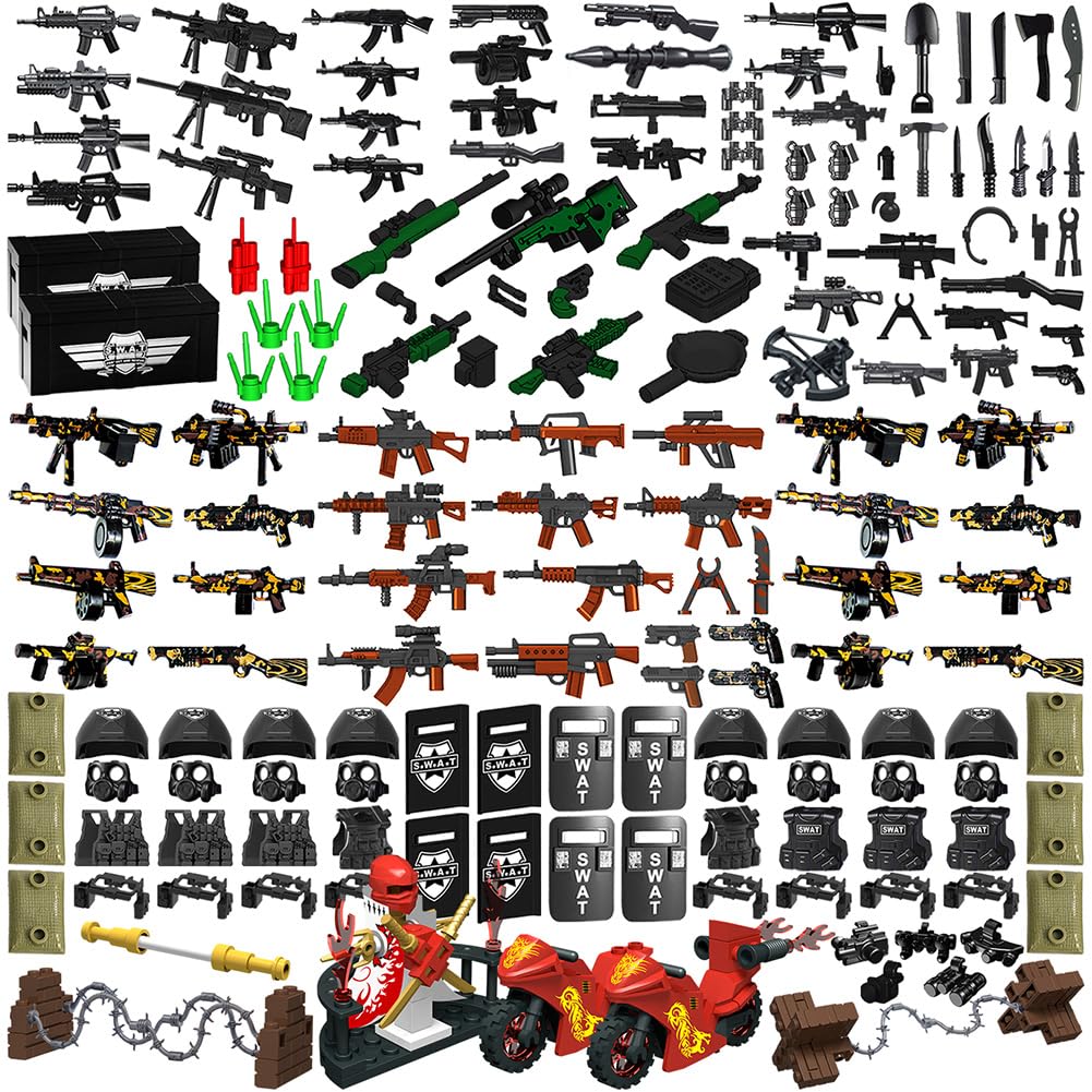 Nicolababe Weapon Pack | Military Weapon Set for Minifigures with Helmet, Armor, Cloak & Motorcycles