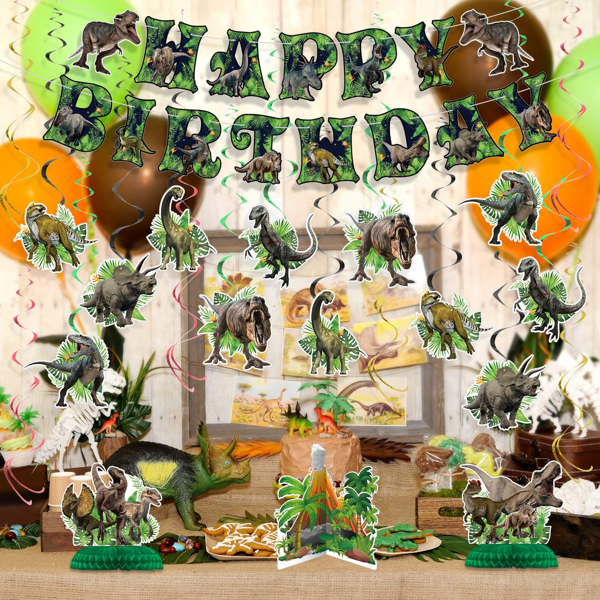 NICOWARM Dinosaur Birthday Party Decorations Set – Pre-assembled Banner, Hanging Swirls & Honeycomb Centerpieces