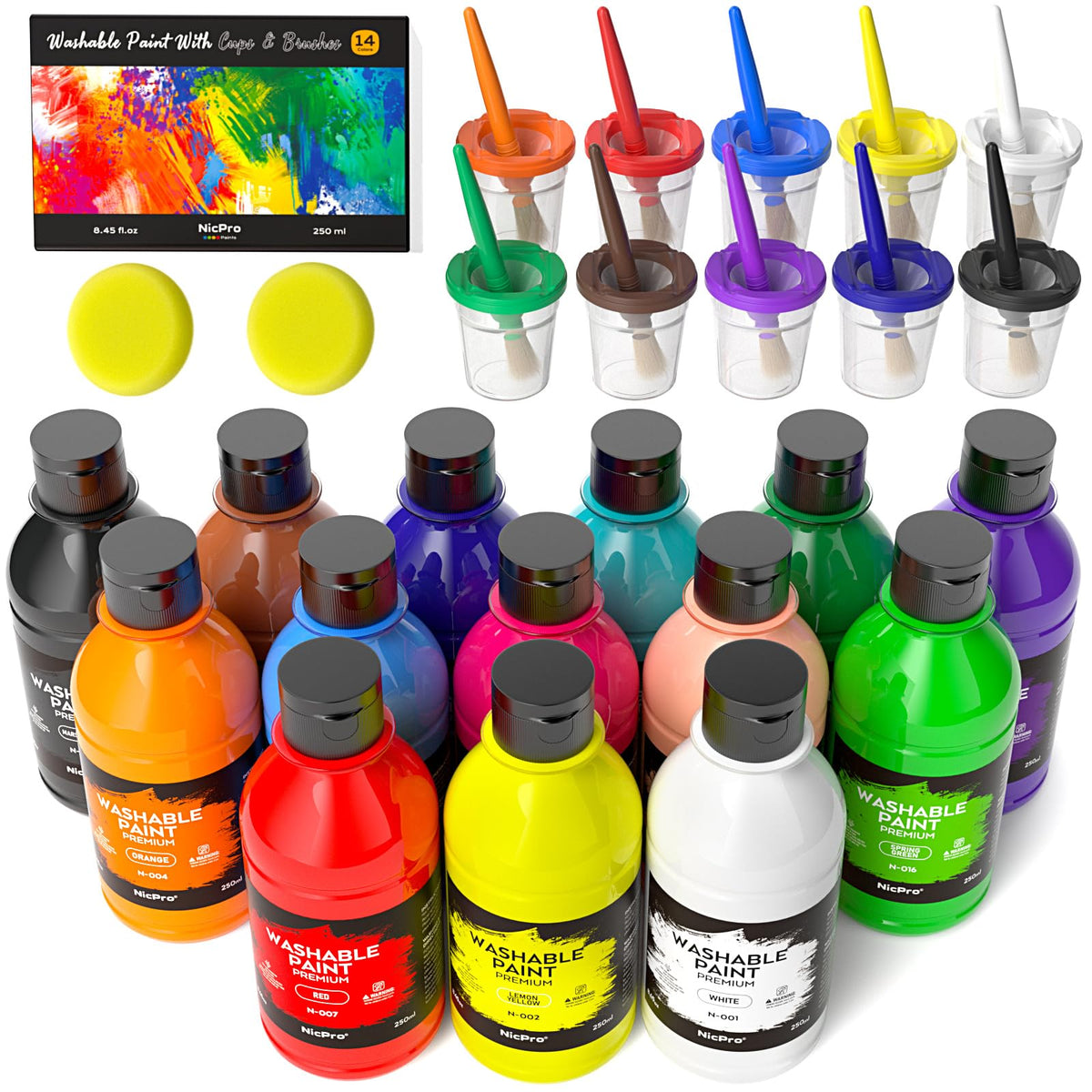 Nicpro 14 Colors Large Washable Paint Kit for Kids – Non-Toxic Tempera with Brushes, Cups & Sponges (250ml)