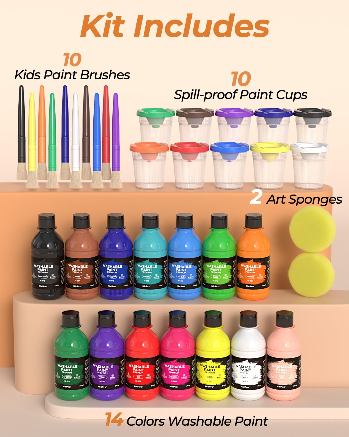 Nicpro 14 Colors Large Washable Paint Kit for Kids – Non-Toxic Tempera with Brushes, Cups & Sponges (250ml)