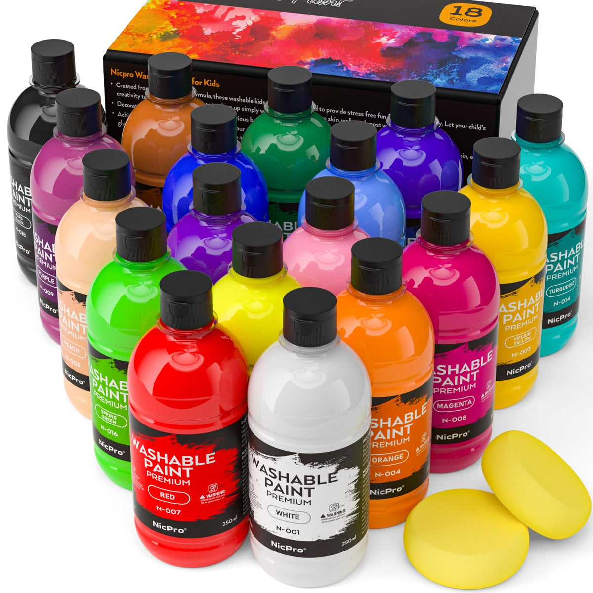 Nicpro 18 Colors Large Washable Paint Set for Kids – 250 ml Bottles, Non-Toxic Tempera Paint for Art, Classroom & Home