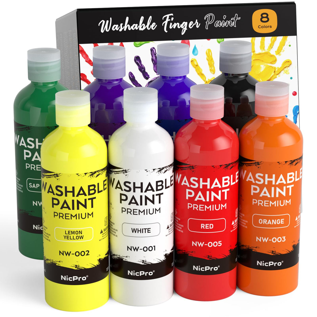 Nicpro 8 Colors Washable Paint Set for Kids - 4oz Tempera, Non-Toxic & Easy Clean Art Supplies