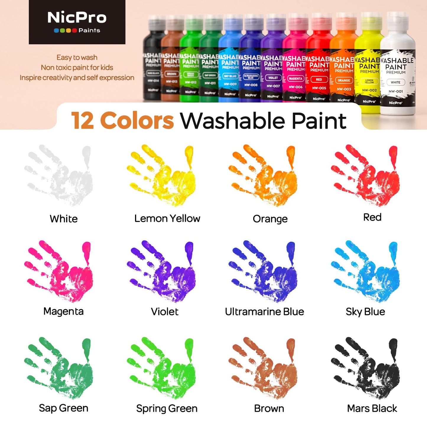 Nicpro 12Colors Washable Paint Set for Kids – Non-Toxic & Mess-Free
