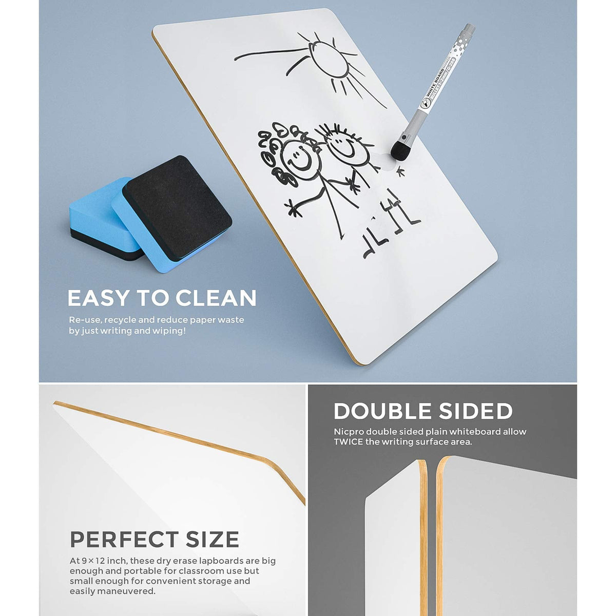 Nicpro Dry Erase Lap Board 9x12 in – 2 Pack, Double-Sided Mini Whiteboards with 8 Markers & 2 Erasers