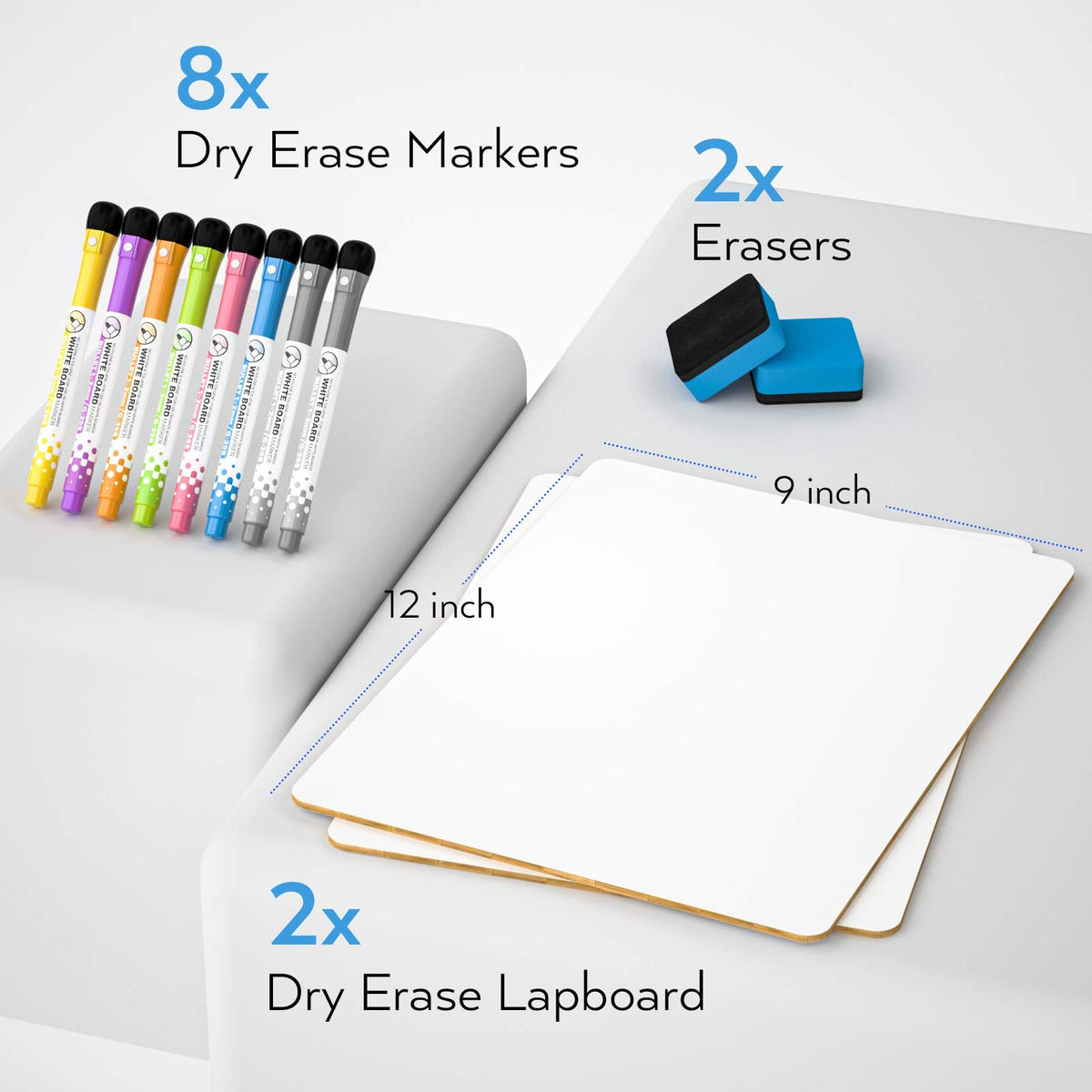 Nicpro Dry Erase Lap Board 9x12 in – 2 Pack, Double-Sided Mini Whiteboards with 8 Markers & 2 Erasers