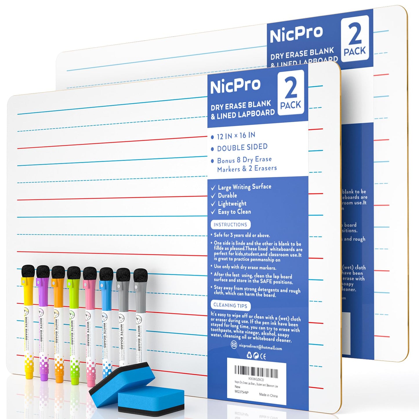 Nicpro Dry Erase Lap Boards 12x16 in – 2 Pack, 8 Markers & 2 Erasers