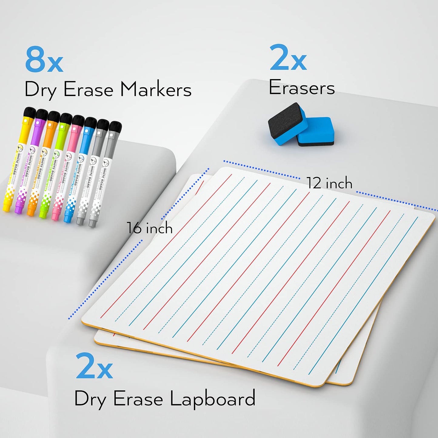 Nicpro Dry Erase Lap Boards 12x16 in – 2 Pack, 8 Markers & 2 Erasers