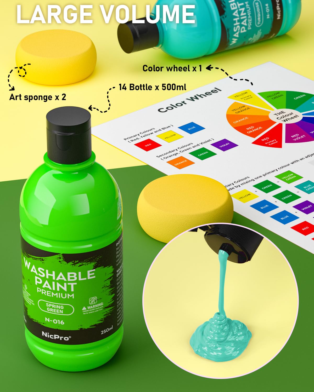 Nicpro 18 Colors Large Washable Paint Set for Kids – 250 ml Bottles, Non-Toxic Tempera Paint for Art, Classroom & Home