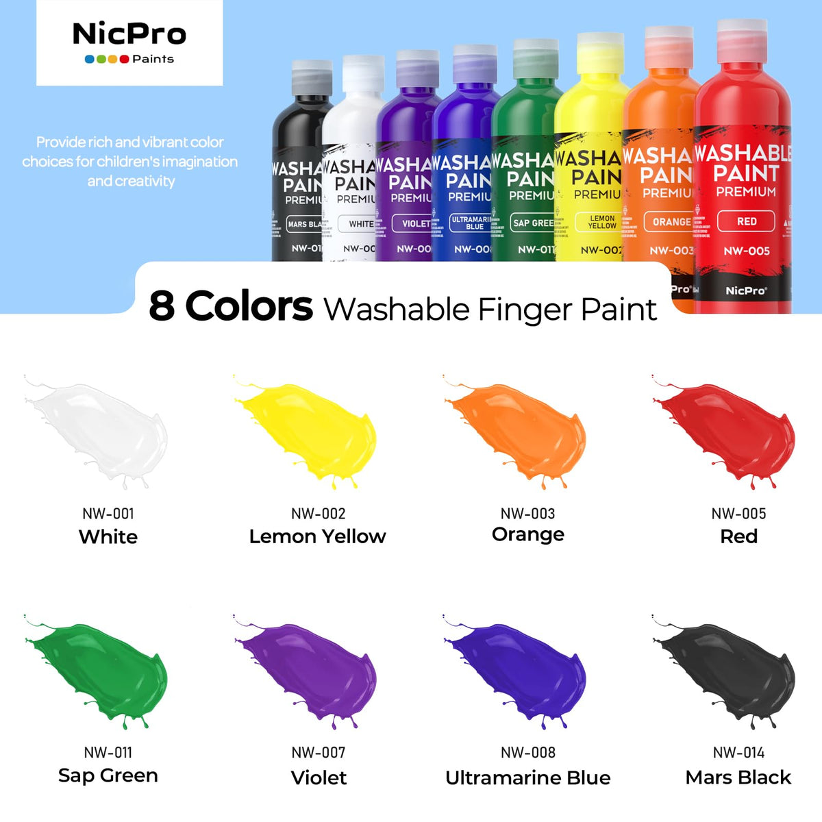 Nicpro 8 Colors Washable Paint Set for Kids - 4oz Tempera, Non-Toxic & Easy Clean Art Supplies