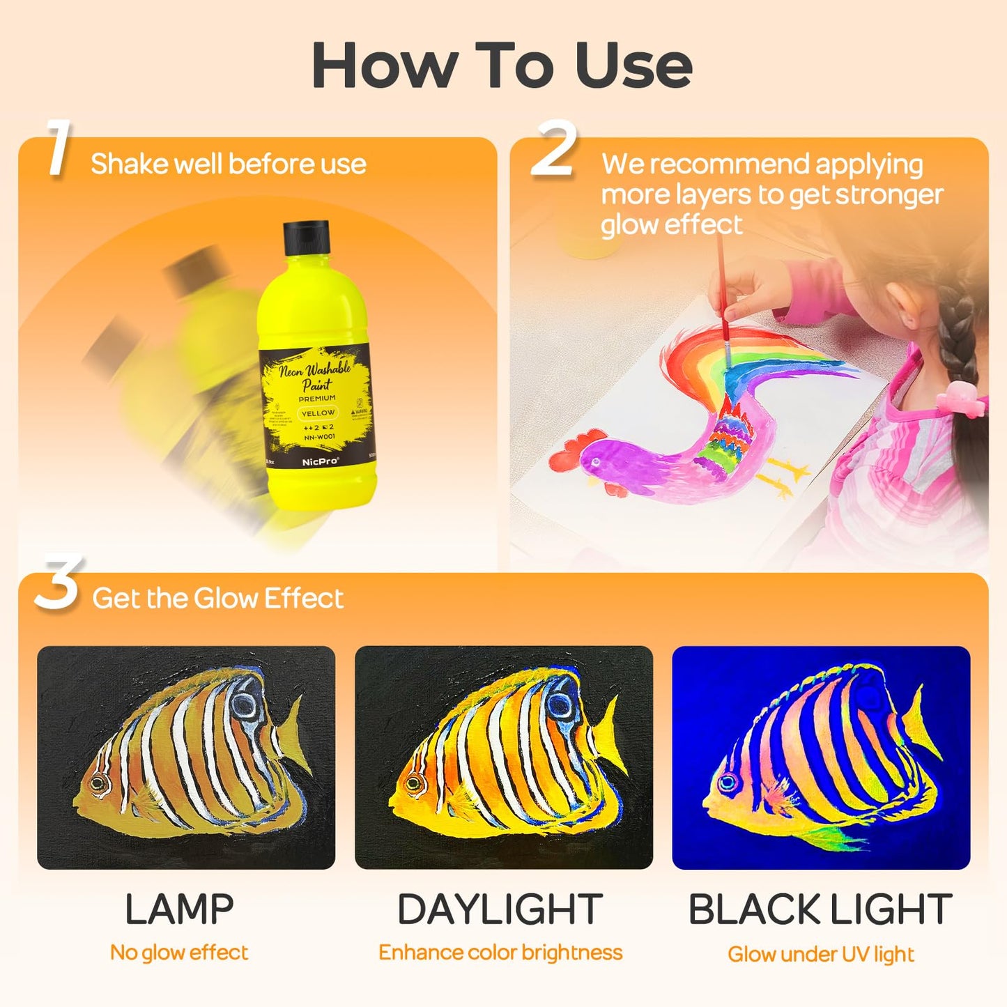 Nicpro 6-Color Fluorescent Washable Tempera Paint Set – 16.9 oz, UV Glow, Non-Toxic