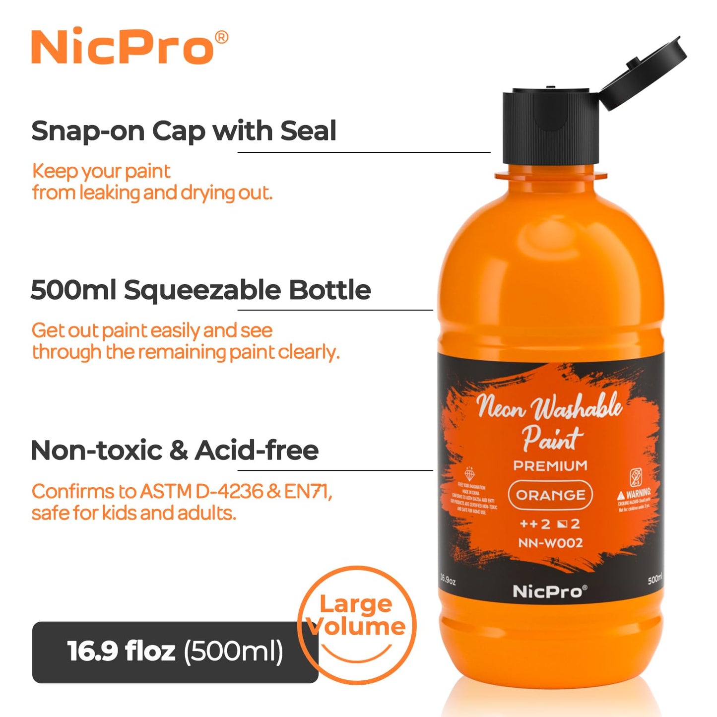 Nicpro 6-Color Fluorescent Washable Tempera Paint Set – 16.9 oz, UV Glow, Non-Toxic