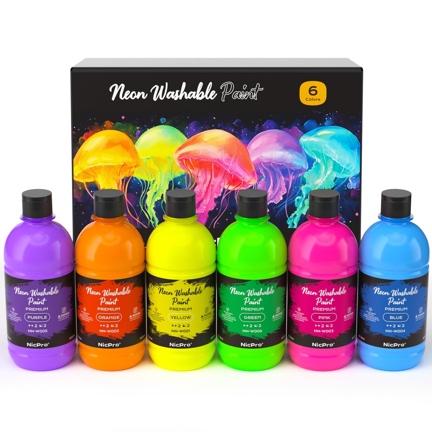 Nicpro 6-Color Fluorescent Washable Tempera Paint Set – 16.9 oz, UV Glow, Non-Toxic