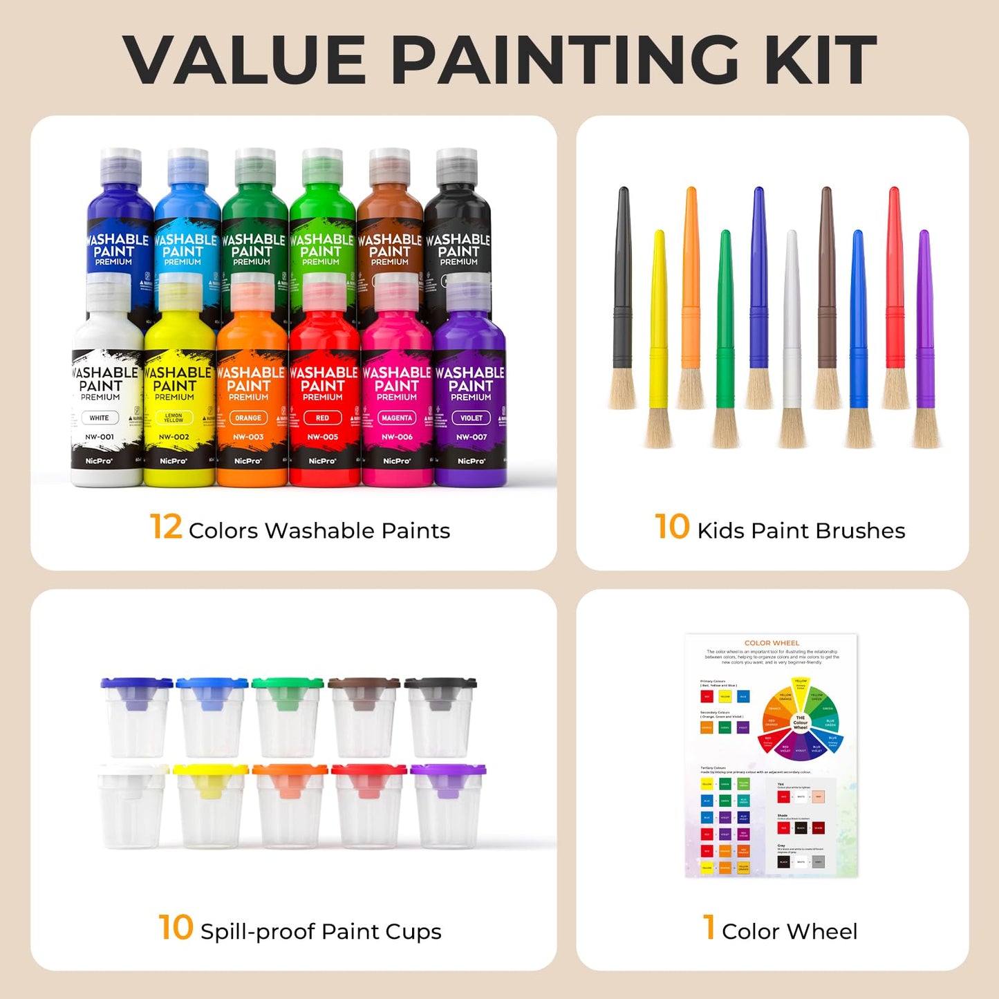 Nicpro 12Colors Washable Paint Set for Kids – Non-Toxic & Mess-Free