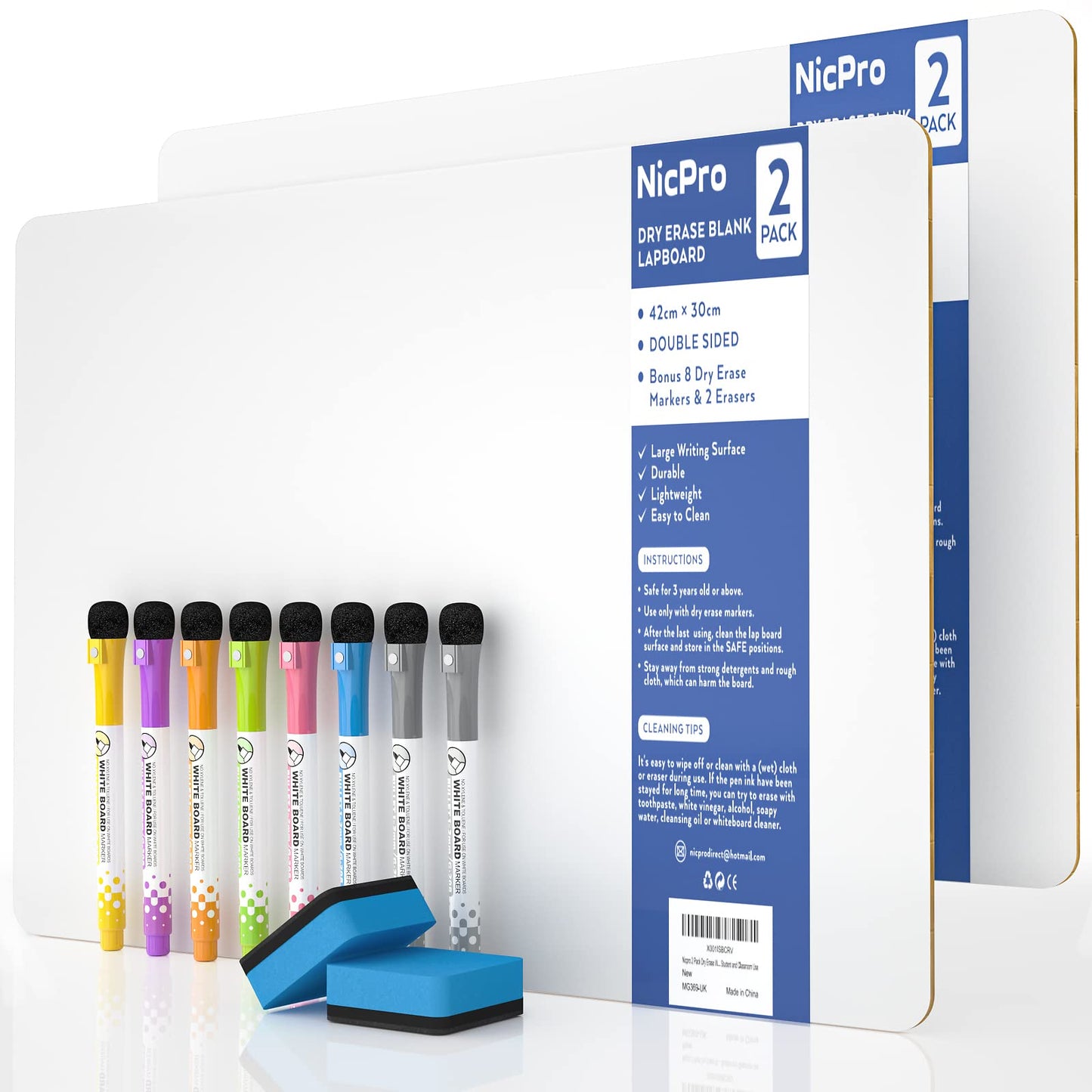 Nicpro Small Dry Erase Lapboard 2-Pack – 12x16 in Double-Sided Whiteboards + 8 Water-Based Pens