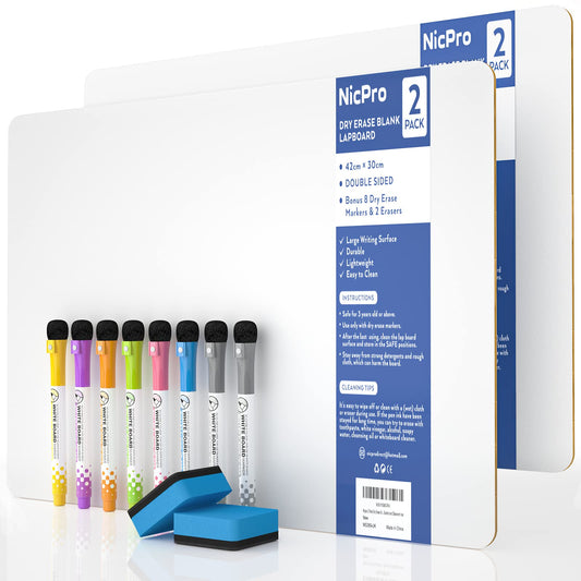 Nicpro Small Dry Erase Lapboard 2-Pack – 12x16 in Double-Sided Whiteboards + 8 Water-Based Pens