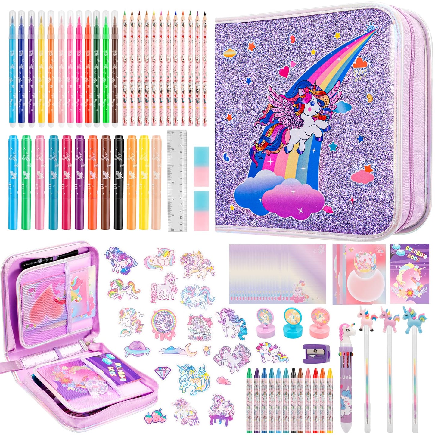 Nicpro 110PCS Unicorn Washable Markers Set – Glitter Pencil Case & Kids Art Kit