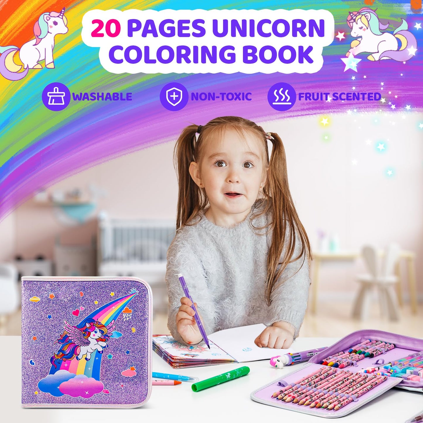 Nicpro 110PCS Unicorn Washable Markers Set – Glitter Pencil Case & Kids Art Kit