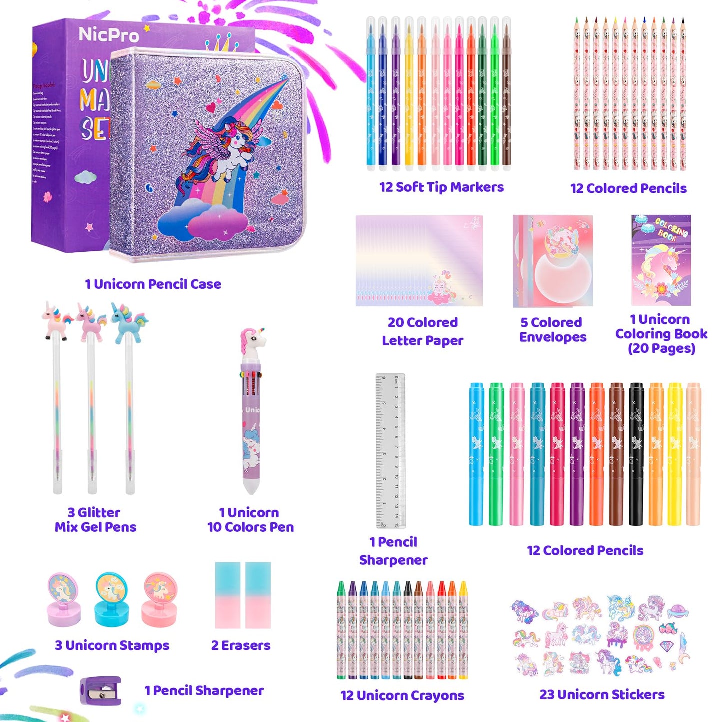 Nicpro 110PCS Unicorn Washable Markers Set – Glitter Pencil Case & Kids Art Kit