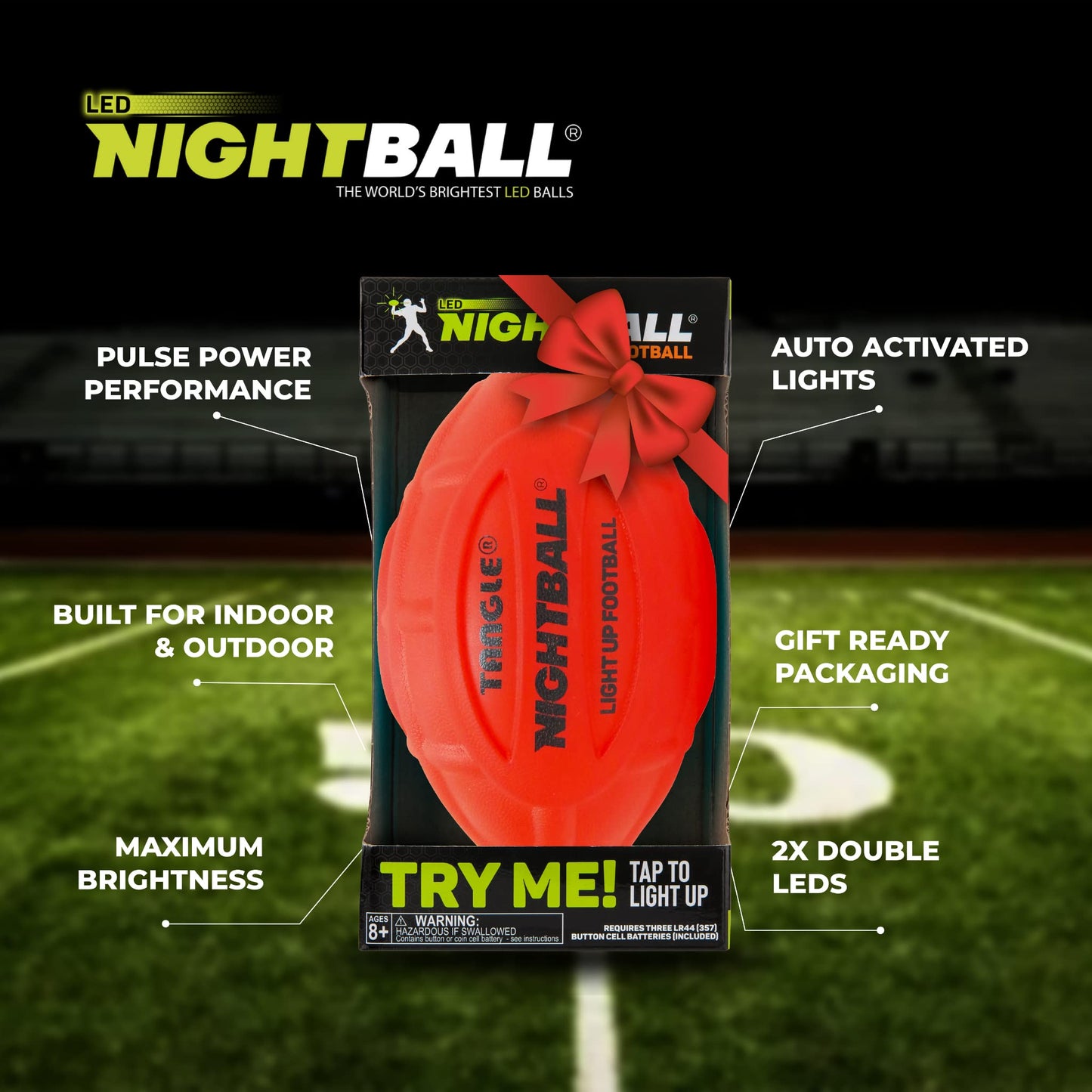 Nightball Glow in the Dark LED Football – Light Up Night Play for Kids & Adults (Red)