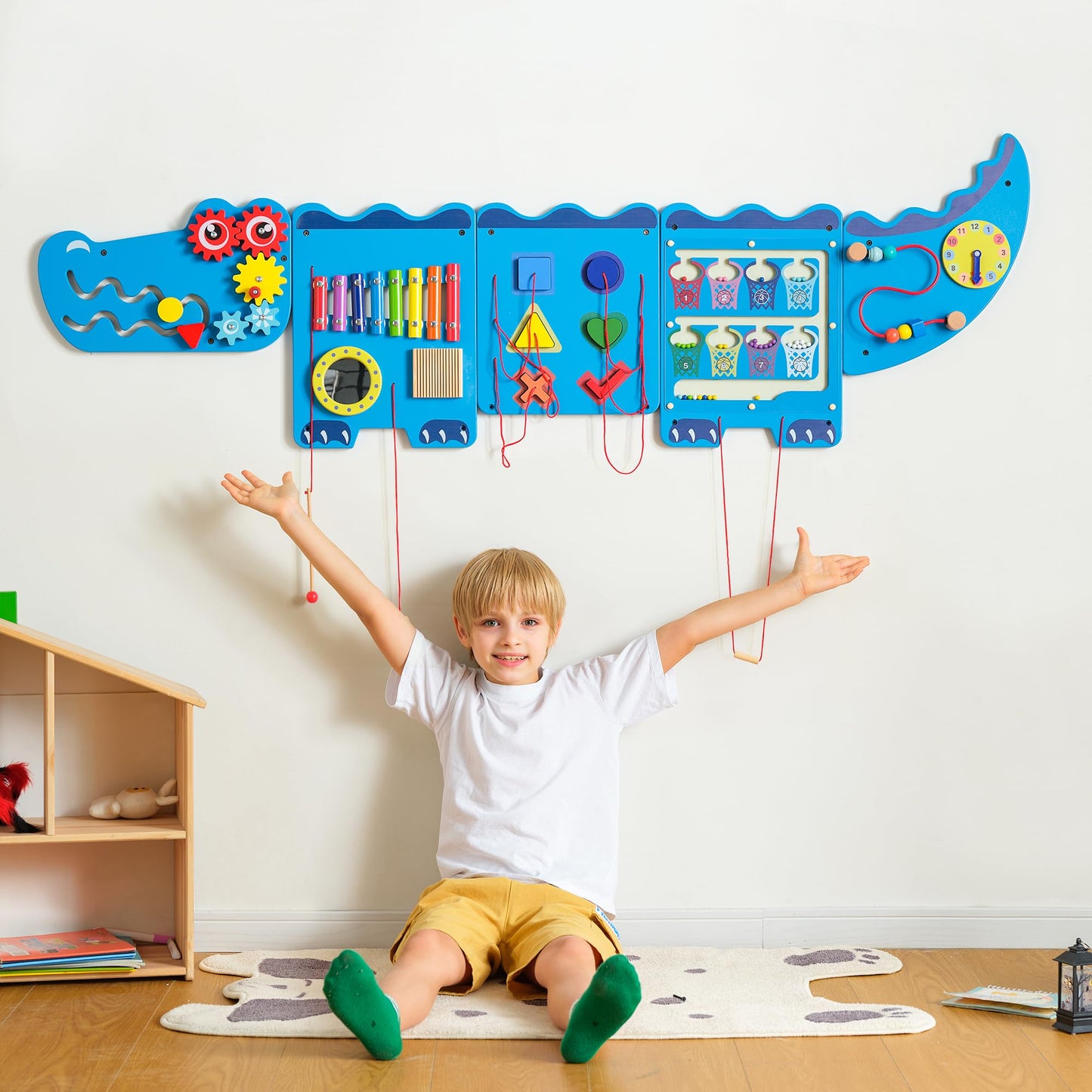Nigwet Crocodile Sensory Wall Panels — Montessori Busy Board for Toddlers, Wooden Educational Activity Cube, Blue