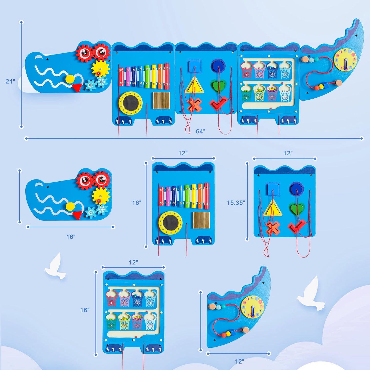 Nigwet Crocodile Sensory Wall Panels — Montessori Busy Board for Toddlers, Wooden Educational Activity Cube, Blue