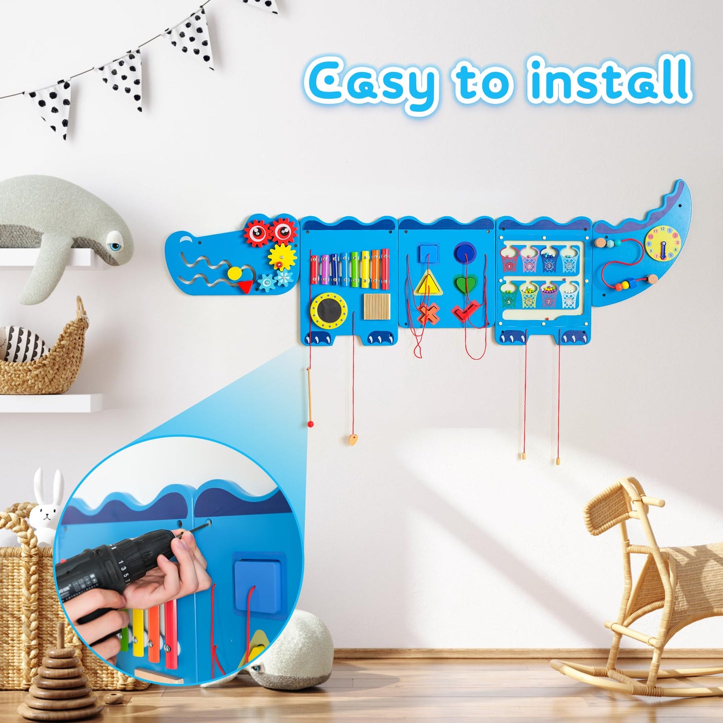 Nigwet Crocodile Sensory Wall Panels — Montessori Busy Board for Toddlers, Wooden Educational Activity Cube, Blue