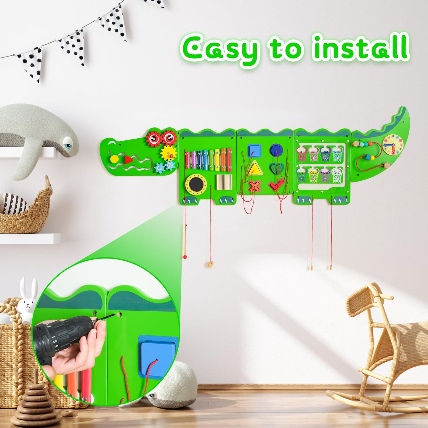 Nigwet Crocodile Sensory Wall Panels – Montessori Busy Board for Toddlers (Wooden Learning Toy)