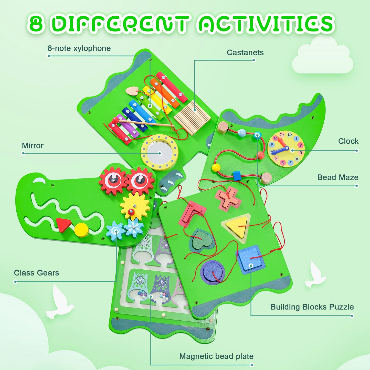 Nigwet Crocodile Sensory Wall Panels – Montessori Busy Board for Toddlers (Wooden Learning Toy)