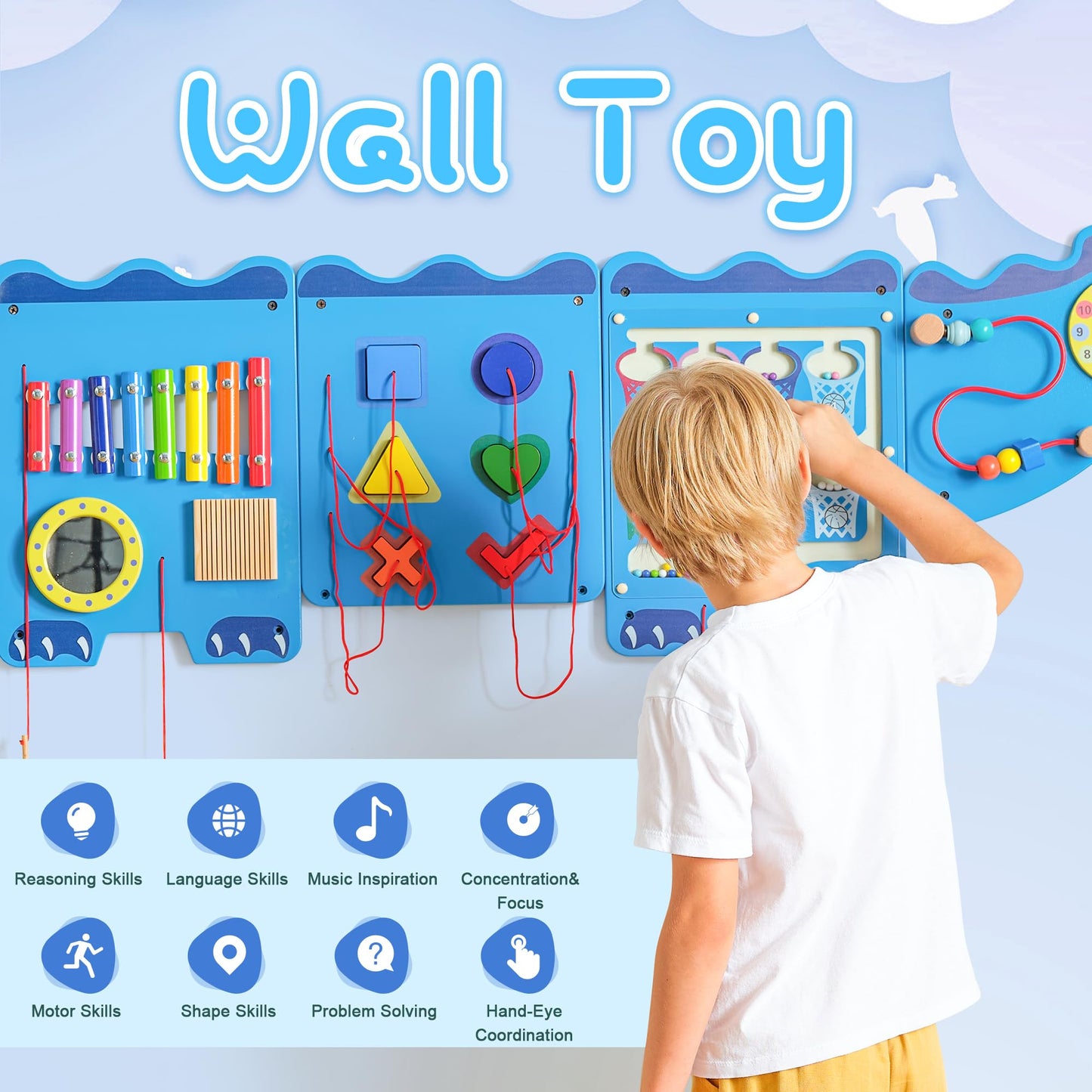 Nigwet Crocodile Sensory Wall Panels — Montessori Busy Board for Toddlers, Wooden Educational Activity Cube, Blue