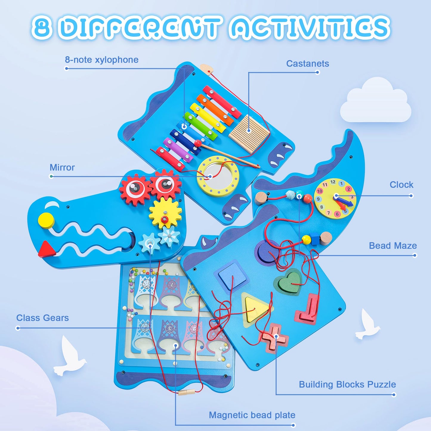 Nigwet Crocodile Sensory Wall Panels — Montessori Busy Board for Toddlers, Wooden Educational Activity Cube, Blue