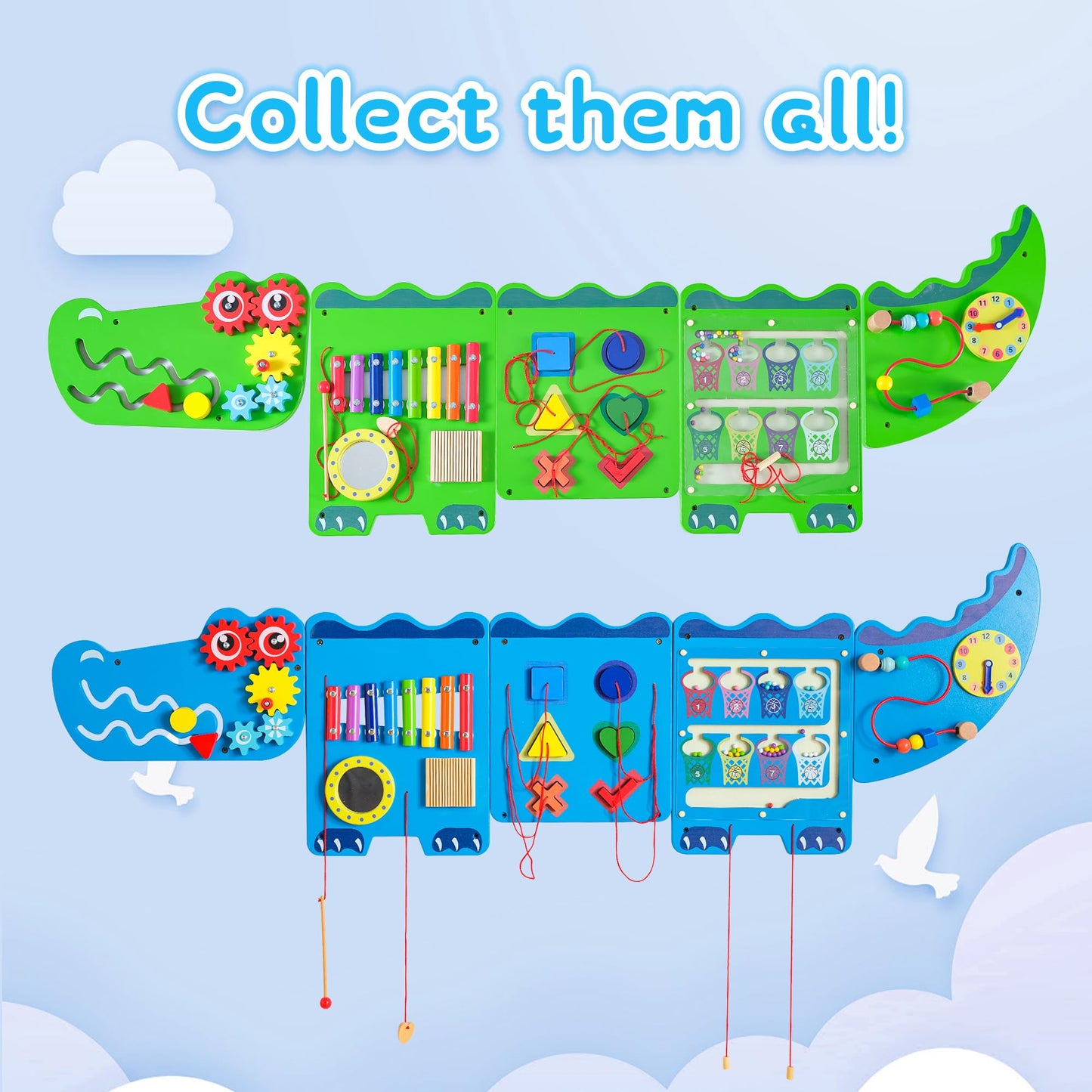 Nigwet Crocodile Sensory Wall Panels — Montessori Busy Board for Toddlers, Wooden Educational Activity Cube, Blue
