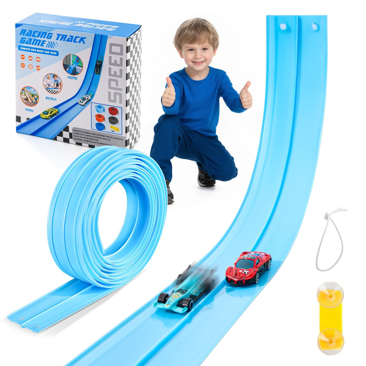 Nigwet Flexible Race Track for Kids - 15 Ft Bendable Track with Car Ramp Toy (Light Blue)