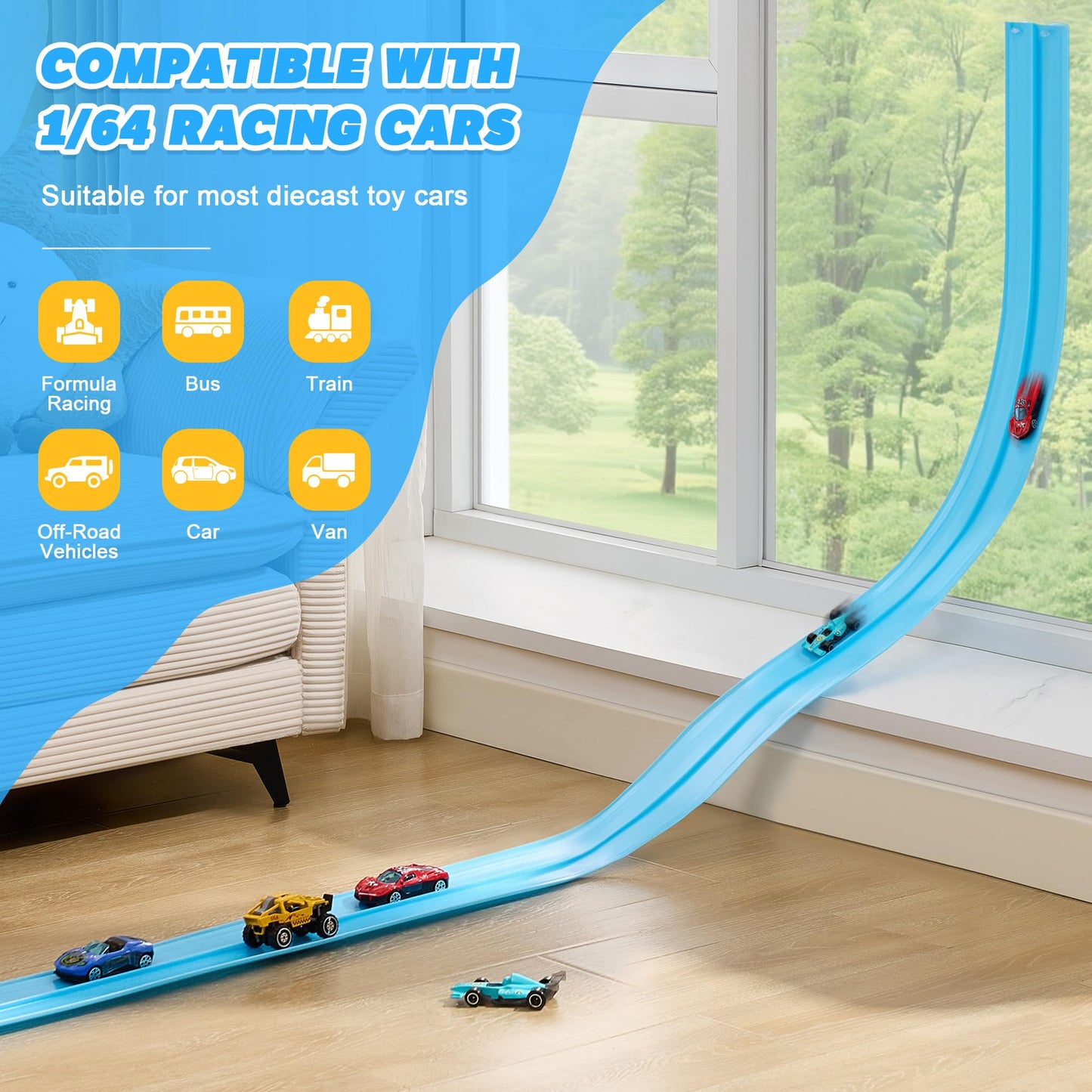 Nigwet Flexible Race Track for Kids - 15 Ft Bendable Track with Car Ramp Toy (Light Blue)