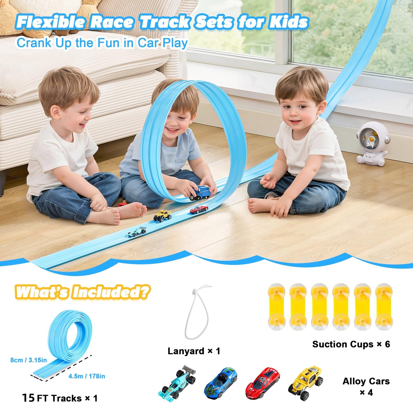Nigwet Flexible Race Track for Kids - 15 Ft Bendable Track with Car Ramp Toy (Light Blue)