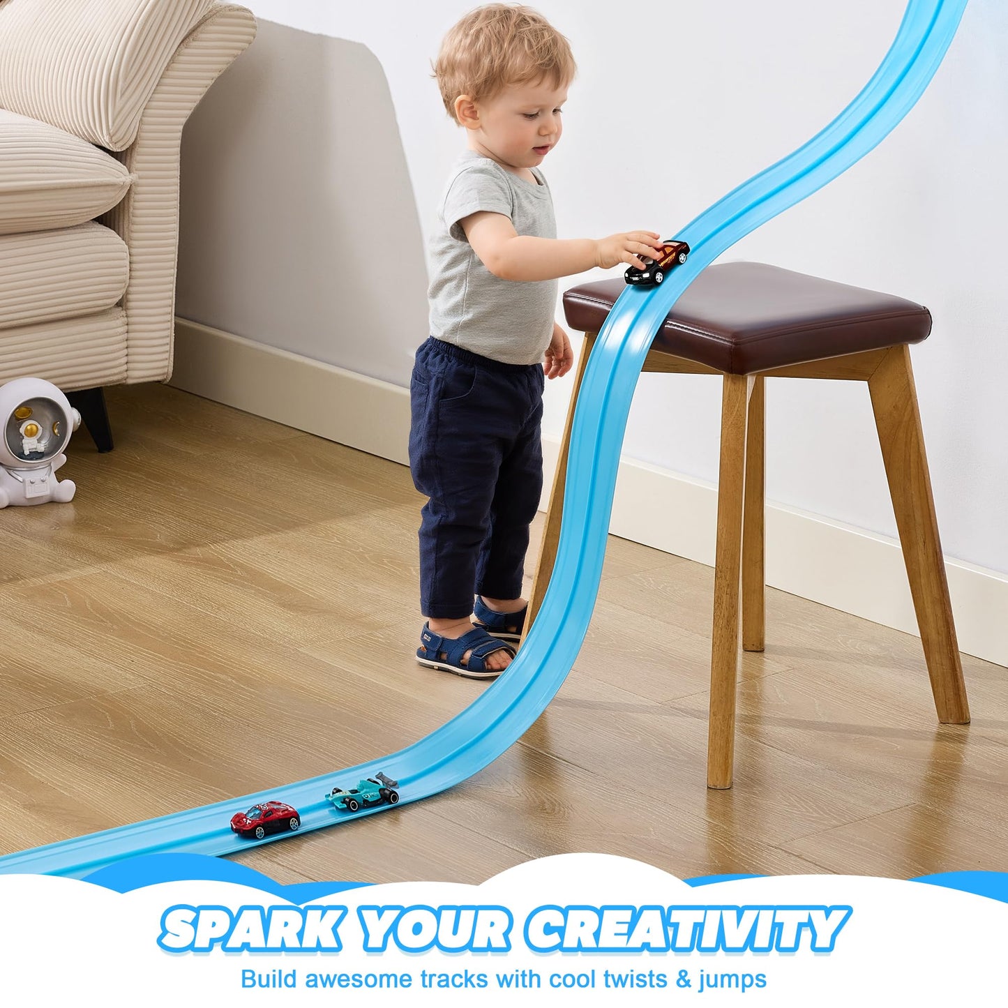 Nigwet Flexible Race Track for Kids - 15 Ft Bendable Track with Car Ramp Toy (Light Blue)