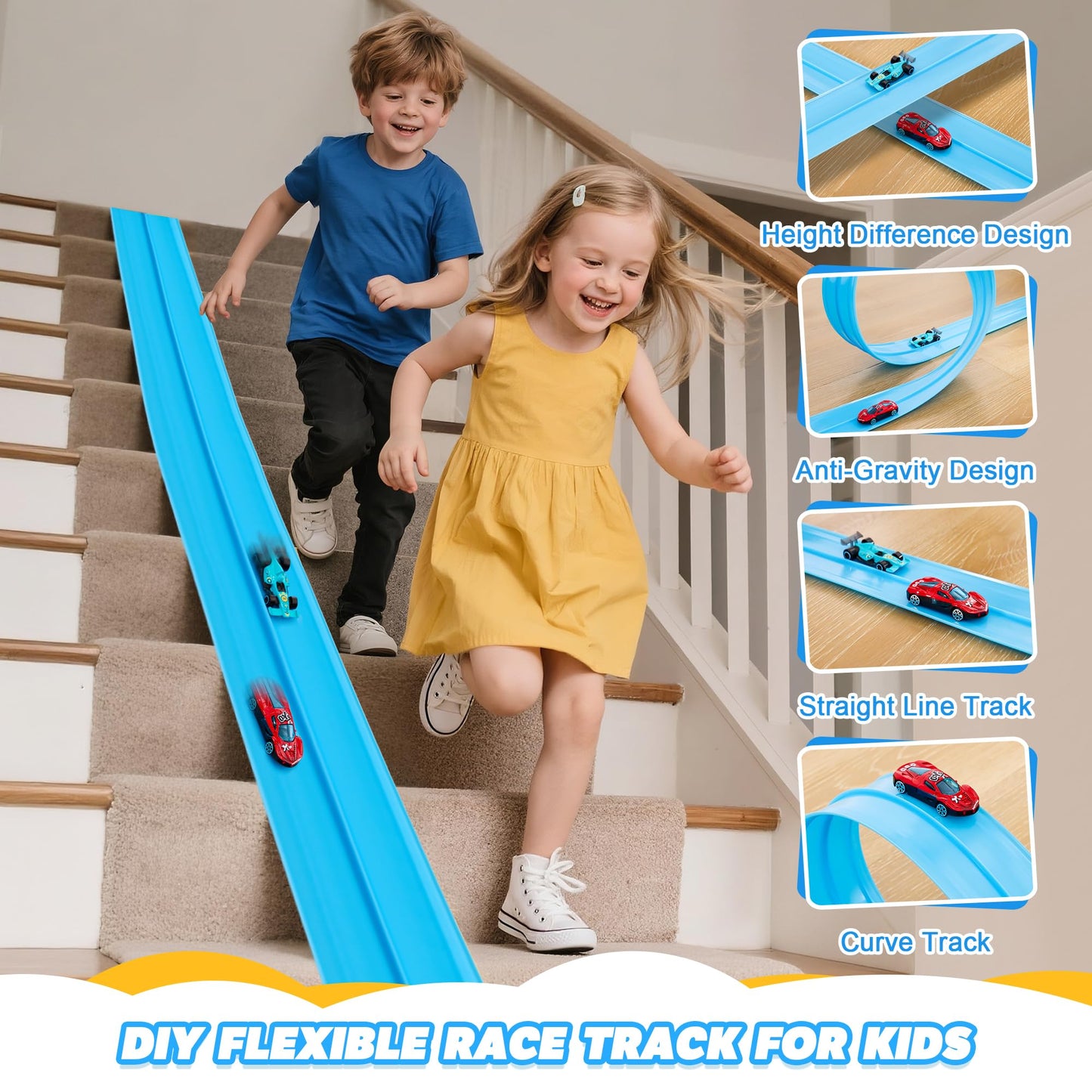 Nigwet Flexible Race Track for Kids - 15 Ft Bendable Track with Car Ramp Toy (Light Blue)