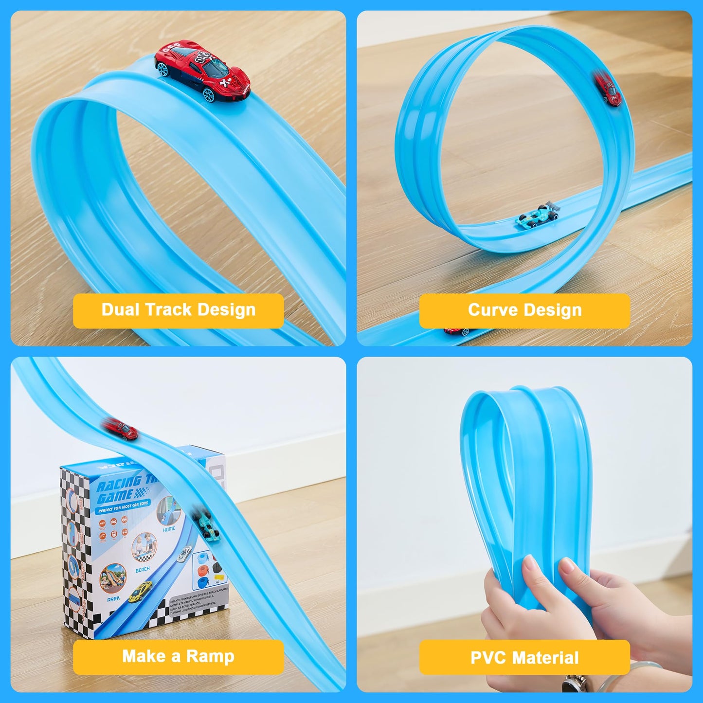 Nigwet Flexible Race Track for Kids - 15 Ft Bendable Track with Car Ramp Toy (Light Blue)