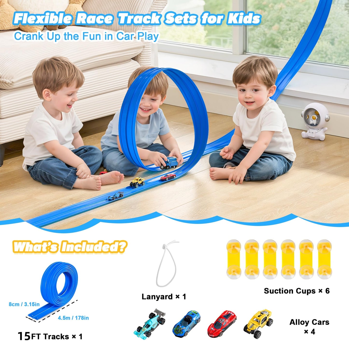 Nigwet Flexible Race Track for Kids – 15 Ft Bendable Car Track with Ramp Toy
