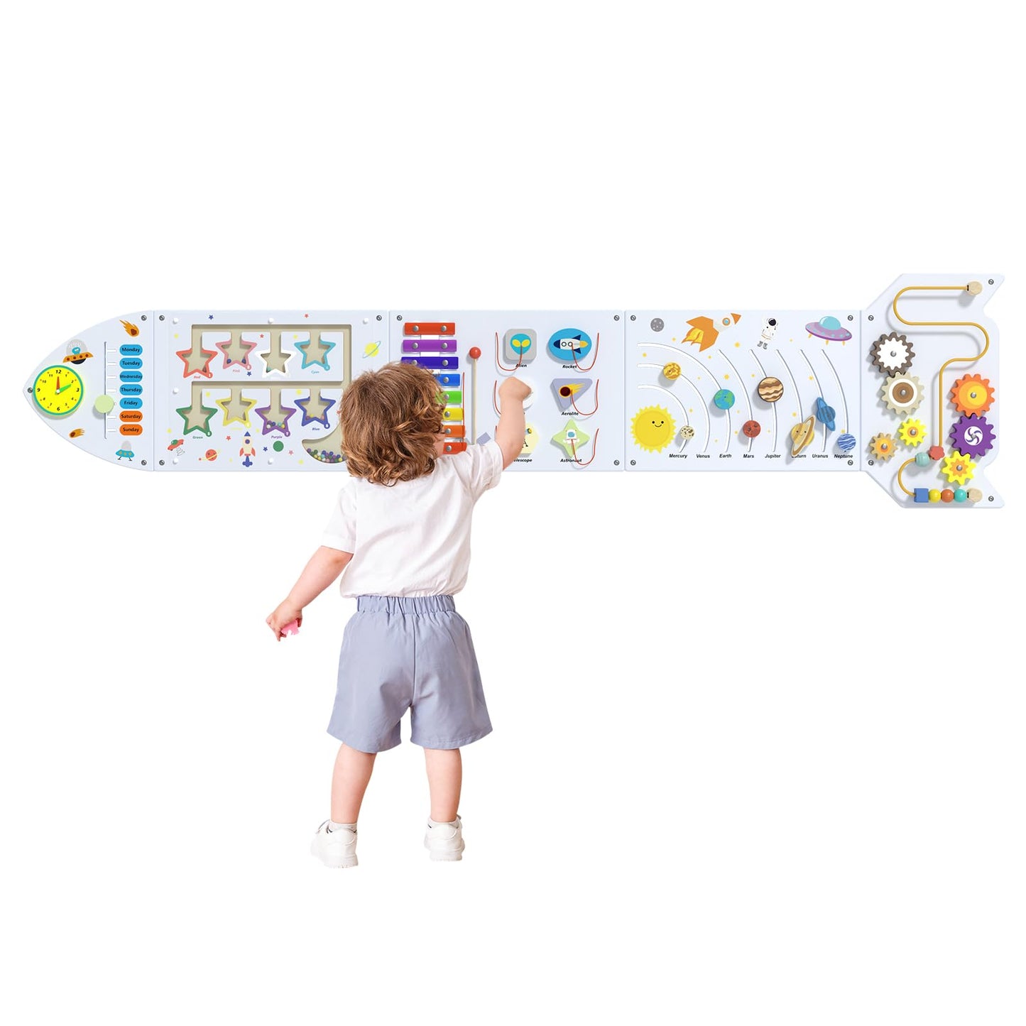Nigwet Rocket Activity Wall Busy Board Panels – Sensory Montessori Wall Panel for Toddlers (White Grey)